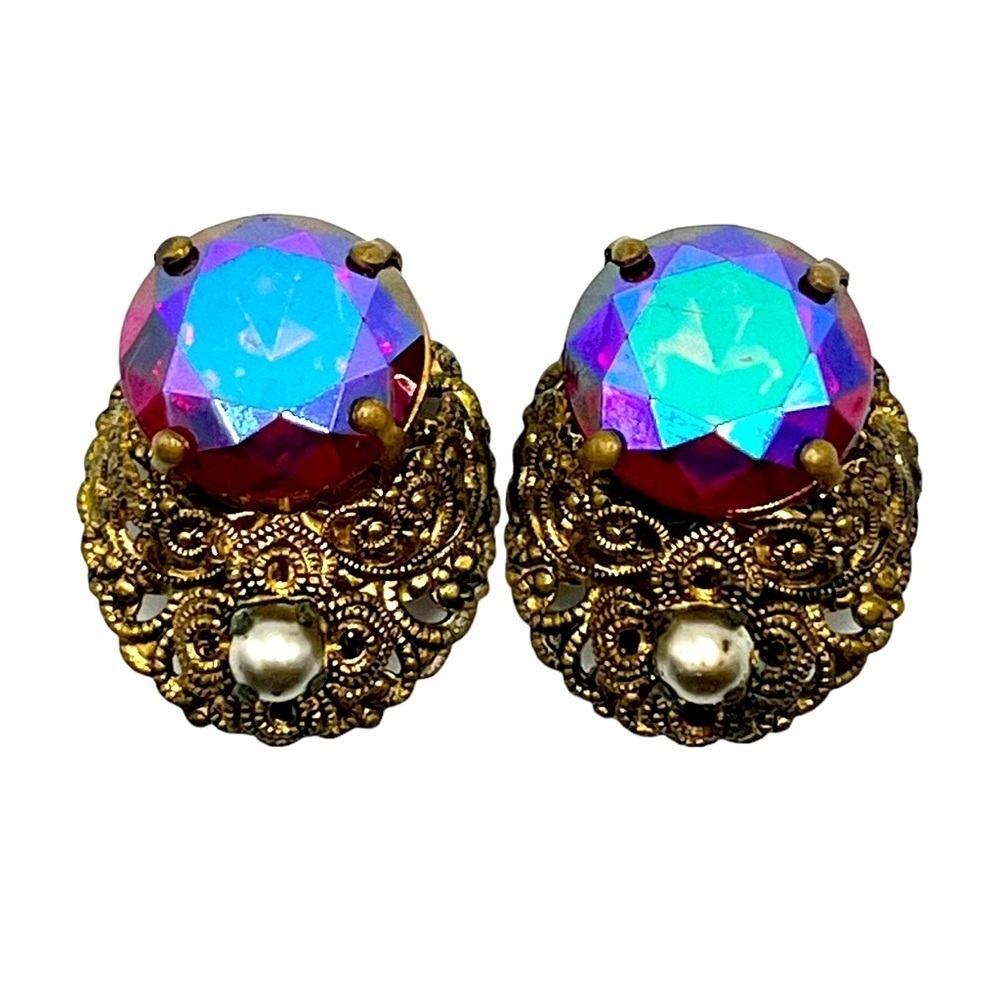 Vintage West Germany Pink Aurora Borealis & Gold Clip On Earrings